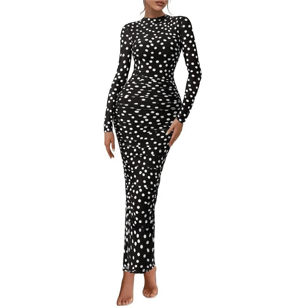 Women's Polka Dot Black Long Sleeve Spring Ruched Bodycon Floral Mesh Maxi Dress